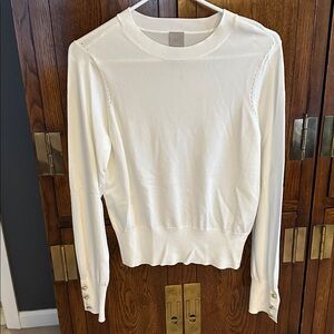 White Sweater with Gold Button Sleeve Detail